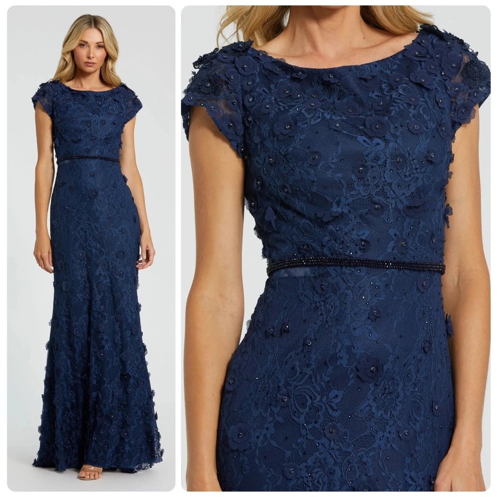 NWT Mac Duggal Navy Floral Applique Boat Neck Cap Sleeve Gown Size 18